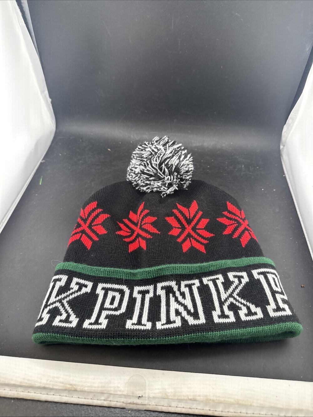 Victoria's Secret PINK Snowflake Beanie Knit Winter Hat Pom Pom Black Green